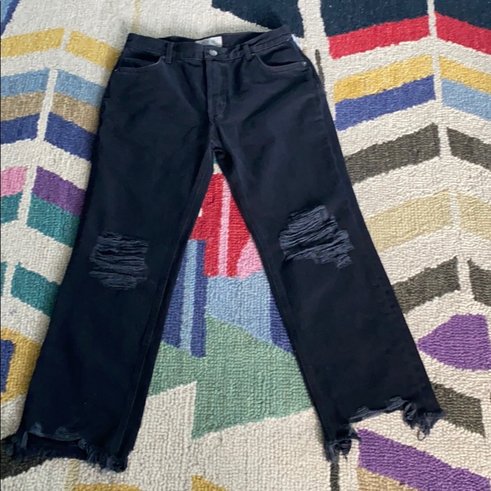 Free People Black Distressed Straight Leg Jeans